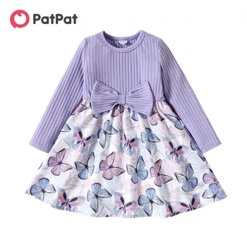 PatPat, рокля с лък в рубчик за малки момичета, рокля с дълги ръкави и принтом пеперуди