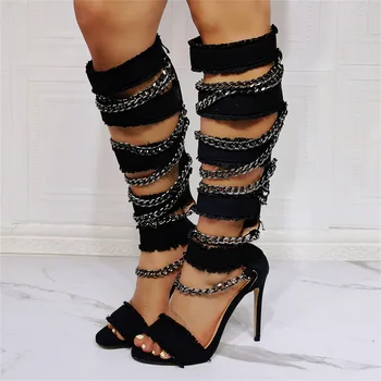 Стилни сандали-гладиатори, женски и уникални дизайнерски дънкови верига, обувки на висок ток, жените са кухи ботуши до коляното, летни