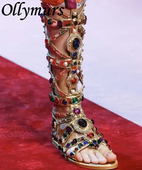 Ollymurs / Нови сандали-гладиатори, осеяна със скъпоценни камъни, Златна Метална Част С Мъниста, Блестящи сандали на равна подметка с височина до коляното