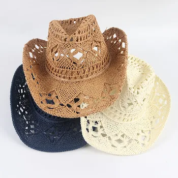 Модни ковбойская сламена шапка ръчна изработка, дамски, мъжки, летни, за пътуване на открито, плажни шапки от слънцето, унисекс, однотонная шапка от слънцето в западен стил