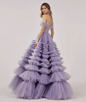 Лавандуловото топката принцеса рокля с открити рамене, трапециевидное рокля с волани, диференцирани рокля по поръчка, дамско елегантно вечерно