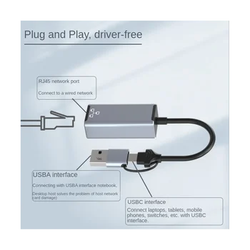 Жичен мрежова карта USB Type C до RJ-45, високоскоростен адаптер за USB 3.0 към Ethernet за преносими КОМПЮТРИ, мрежа 1000 Mbps