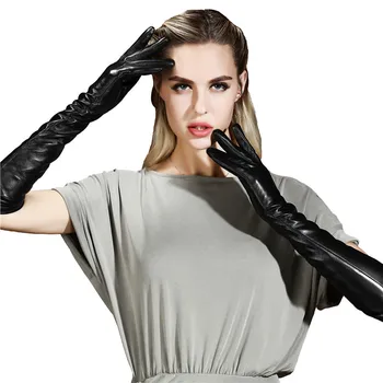 Ръкавици от агнешка кожа дължина до Лакътя 50 см + ръкави, Зимни Плюшени Топли Дамски Ръкавици Със Сензорен екран за управление
