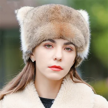 Дамски нова зимна руска луксозна шапка от естествена домакинството е заек вълна, топло модни голяма еластична очарователна дамска шапка от естествена кожа, мека удебелена капачка