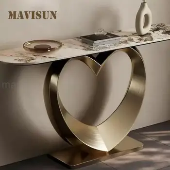Лесен луксозна маса за дневна, плота на масата е от каменни плочи, мебели за антре, основа от неръждаема стомана във формата на сърце, конзола маса