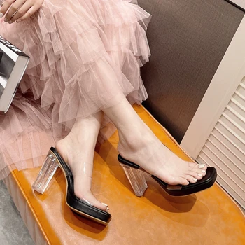 Пикантни прозрачни дамски сандали на висок ток 11 см, прозрачни обувки Cristal платформа и дебел ток, чехли за баня, градинска дамски обувки, лято
