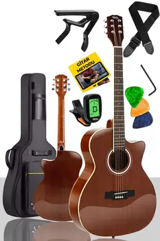 Акустична китара Midex Xc-600 от масивна дървесина 4/4 размер за възрастни (чанта-тунер, закачалка-КАПО) Забавен музикален инструмент