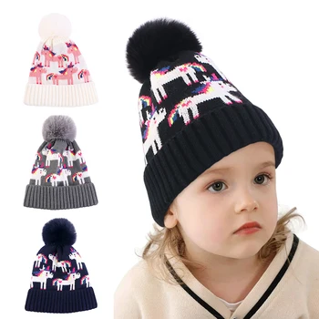 Зимна детска шапка с изкуствени помпоном за момчета и момичета, вязаная на една кука шапки за деца с помпоном, детски шапки-бини, капор, вълнена шапчица