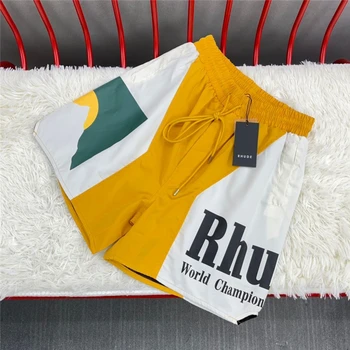 Летни жълти лоскутные шорти Sunset Rhude за мъже и жени на по-добро качество, мрежести гащички RHUDE с завязками