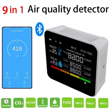 9 в 1 BT мониторинг на качеството на въздуха CO2 Метър Детектор за Въглероден диоксид Време/Дата TVOC HCHO ФПЧ2.5 PM1.0 PM10 Тестер Температура И Влажност на въздуха