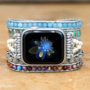 Каишка за часовник впечатлява със своя бохемски стил за Apple Watch, женски гривна в бохо стил, ретро, бижута от смесени естествени камъни, гривни с няколко опаковки, подарък