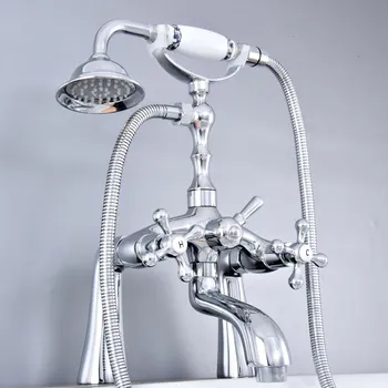 Полиран хром смесител за баня на бортике с две дръжки, ръчен душ в телефонен стил, пълнител за вана за крака atf756