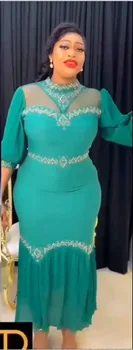 Елегантно лятно африкански дълга рокля от полиестер с кръгло деколте и 3/4 ръкав, бяло, розово-зелено черна рокля, африканска дрехи, африкански рокли за жени