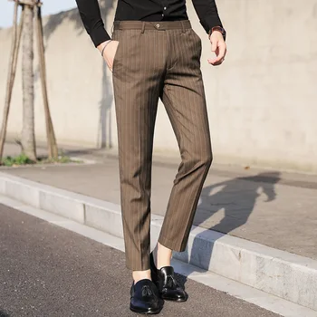 Високо качество на корейските мъжки бизнес ежедневни панталони на райета, ластични панталони с висока засаждане, монтиране на талията, прави панталони мъжки