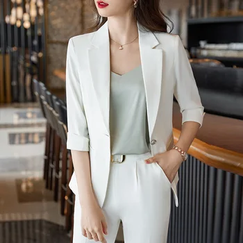 Висококачествен бял малък яке за жени, пролет / лято 2023, нова темпераментен офис облекло, малък костюм, гащеризон