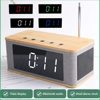 Джобно FM радио, часовник от бамбуково дърво, радио с led дисплей, поддръжка на мини говорител Bluetooth, dual настройка на яркостта на алармата