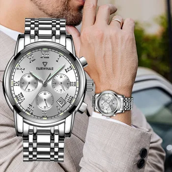 Известни марки Mark Fairwhale Луксозни часовници Модерен мъжки хронограф от неръждаема стомана Водоустойчив кварцов ръчен часовник Безплатна покупка
