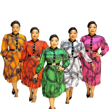 Женски африкански рокли, елегантни африкански дамски пролетно-есенни рокли от полиестер с дълъг ръкав и принтом с дължина до коляното, африканска облекло