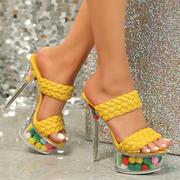 Модела Чехли, дву-бандова Сандали, Дамски Подиумная Пикантни обувки с кристали, Прозрачна Обувки на Висок Ток 15 см, Женски Танцови Обувки На Платформа