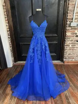 Кралски сини рокли за абитуриентски бал с дантела аппликацией и кристали, с V-образно деколте, спагети-колан, трапециевидные вечерни рокли за официални партита, ушити по поръчка