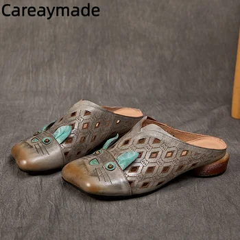 Careaymade - Оригинални дамски чехли изработени ръчно от естествена кожа в Ретро стил, Комфортни Дамски чехли от телешка кожа На нисък ток, Летни дрехи