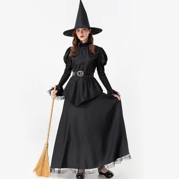 S-2xl Хелоуин Нов износ за Европа и Съединените Щати чист черен слот костюм на вещица, костюм на вещица за cosplay, панорамен костюм