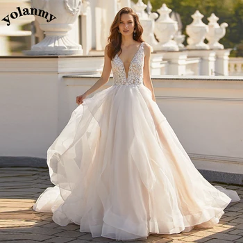 YOLANMY, модерни сватбени рокли с отворен гръб, без ръкави, многослойни апликации, тюлевое сватбена рокля Robe De Mariée за жени, сшитое по поръчка