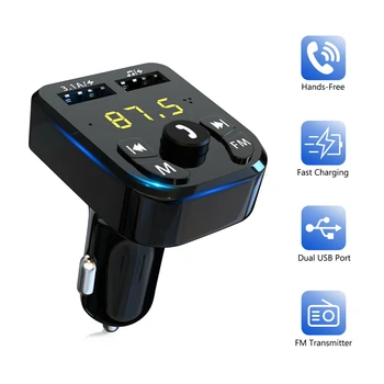 Авто Безжичен FM-предавател, съвместим с Bluetooth 5.0, Адаптер за микрофон, 2 USB порта за зареждане, Зарядно устройство за PD, AUX вход за MP3 плейър