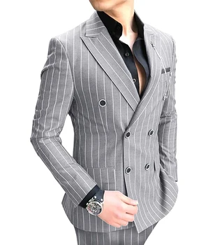 2022 Нов Сребърен Мъжки костюм на Райета, 2 броя, Двубортный От Неравности на Лацканах, Оборудвана, Ежедневни Смокинги За Сватба (Сако + Панталон)