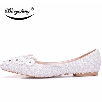 Bao Ya Зъб/ женски бели сватбени обувки за булката, шифоновые дантелени обувки на плоска подметка, модерен модел обувки за големи по размер с цветя модел