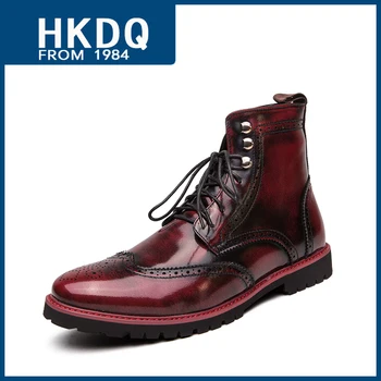 HKDQ/ Модни Отворени Червени мъжки ботильоны с високо берцем в Ретро стил, мъжки обувки с перфорации тип 
