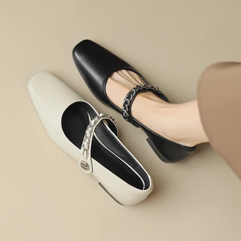 Тънки обувки Heihaian / лятна новост 2023 година, корейската версия на модни обувки Mary Jane, дамски обувки с квадратни пръсти и малки метални на веригата