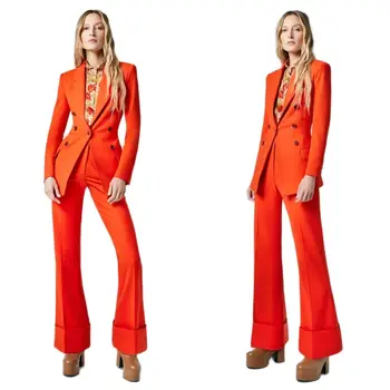 Жена оранжев костюм, сшитое на поръчка однобортное рокля на шаферка с ревера, персонални палта, панталони, комплект от 2 теми за бала
