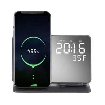 безжично Зарядно Устройство в 1 За iPhone 13 12 11 Pro Max XR XS 15 Вата Бързо зарядно устройство ще захранване на Докинг Станция Настолна LED Дигитален Будилник