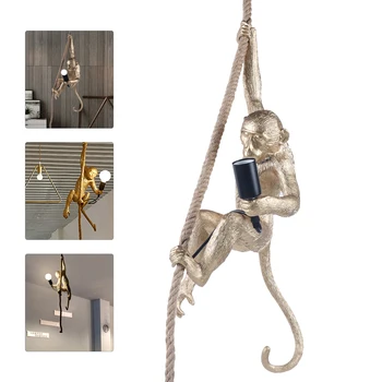 Ретро стенен лампа под формата на маймуни, коноп въже, окачена лампа, окачена лампа за дома