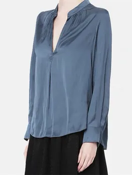 Пролет Лято 2023, дамски однотонная блуза, сатен, плиссированный класически топ с дълъг ръкав, женствена тениска с V-образно деколте