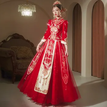 New Chinese Traditional Wedding Dress Embroidery By Hand Beaded Classic Рокли Китай Qipao за ориенталски костюм