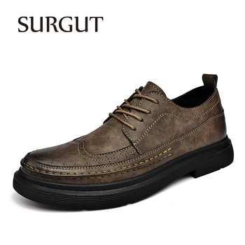 Сургут марка, модни мъжки обувки от естествена кожа ръчно изработени, лято-есен, висококачествена дишаща мека мъжки обувки на равна подметка, размери 38-46