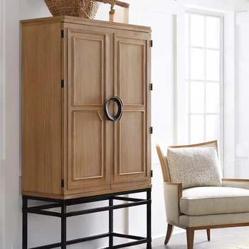 Индивидуален американски ретро винен шкаф от масивно дърво, бюфет с двойна врата, модерна проста дневна, вграден дисплей