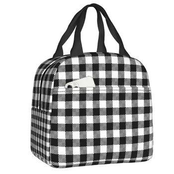 Черно-бяла клетчатая кутия за обяд, дамска чанта в геометрична клетка, термосумка за обяд от хранително-вкусовата изолация, чанти за работа, чанти за пикник