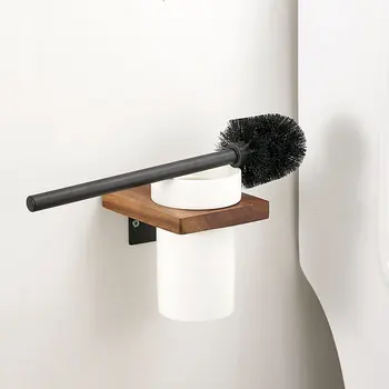 Четка за тоалетна с мека четка, стенни керамични основа, полк от масивна дървесина, неръждаема дръжка, инструмент за почистване на тоалетната чиния, аксесоари комплекти за баня