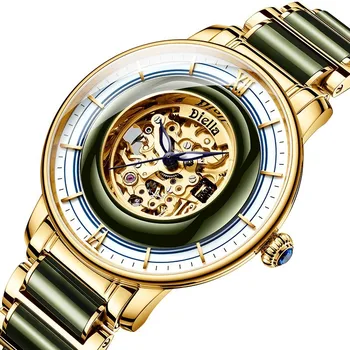 Луксозни часовници Diella Мъжки механичен часовник нефритови напълно автоматичен стомана каишка водоустойчив светещи бизнес мъжки сапфировые часовници