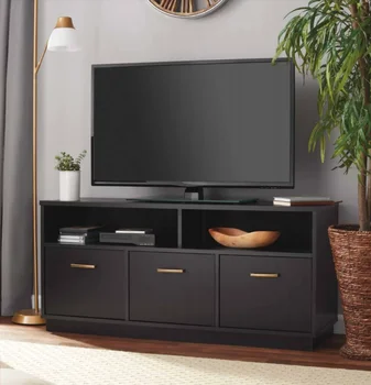 Основните елементи на 3-Врата поставка за телевизор Конзола за телевизори до 50 инча, шкаф за телевизор от черно дърво, маса за телевизор, шкаф за телевизор, мебели за всекидневна