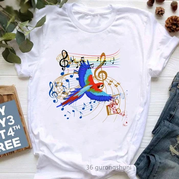 Тениски с принтом музикални ноти от пера на птици, дамски дрехи в стил харадзюку Kawai, тениска за любителите на музиката, дамски лятна тениска с къс ръкав