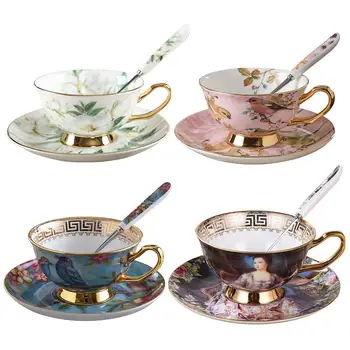 Европейски стил, набор от кафе чаши от костен порцелан, винтажное керамично чиния за следобеден чай, лъжица, луксозен подарък за кафене, магазин, къща