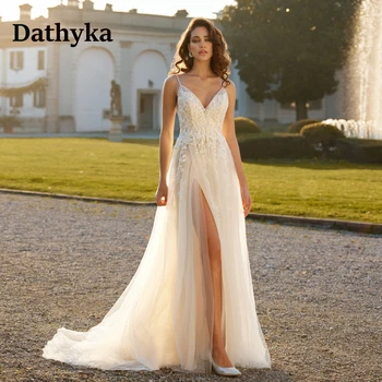 Dathyka Изискани сватбени рокли с цепка за жени на тънки спагети презрамки, фатиновые апликации от копчета, Vestido De Casamento по индивидуална заявка