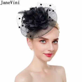JaneVini Сватбени шапки с пера за булката на жени, елегантни модни превръзка на главата, окото бяла, черна шапка, за коктейльного чай, шапки за младоженци