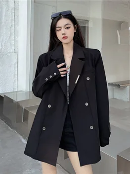 2023 Y2k естетичен корейски модерен женски сако копчета, черна рокля с V-образно деколте, черен костюм в стил харадзюку, градинска облекло, без гръндж, Chaqueta Mujer