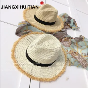 летни дамски сламени шапки от лико с натурални широка периферия и ресни, женски обикновена големи плажни шапки от слънцето, голяма сламена шапка, уводна част