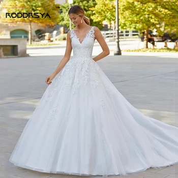 RODDRSYA Луксозна сватбена рокля, трапецовидна форма, без ръкави, с V-образно деколте, без облегалка, с дължина до пода, сватбената рокля на принцеса 2023, сватбената рокля на Булката